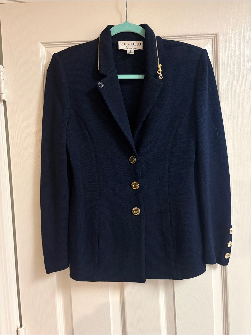 St. John Collection Navy Knit Blazer with Gold Trim size 2 like new!